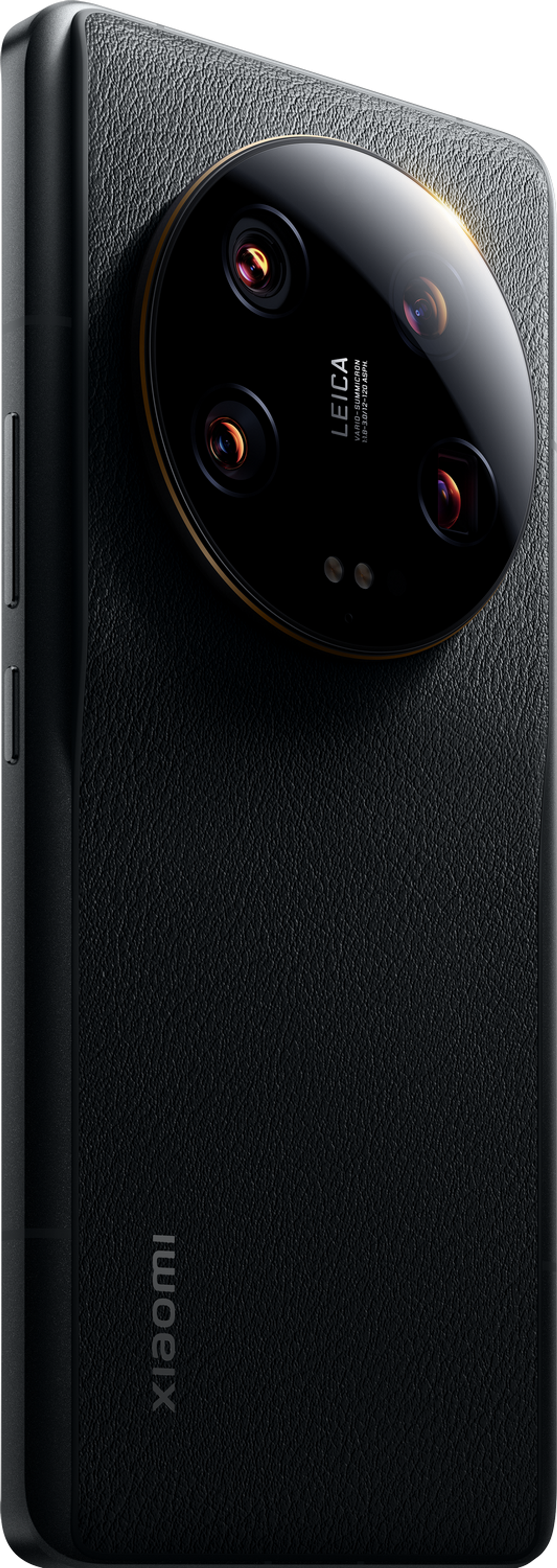 Ein schwarzes Smartphone mit mehreren Rückkameras und Lederstruktur.