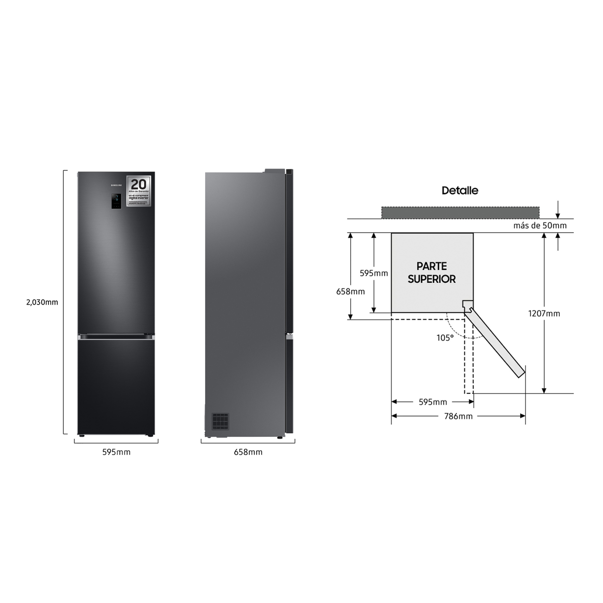 Refrigerador negro con dimensiones y diagrama, fondo blanco.