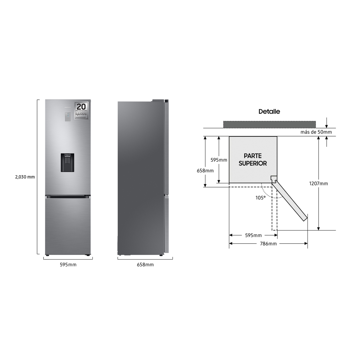 Diagrama de refrigerador Samsung plateado con dimensiones y detalles.