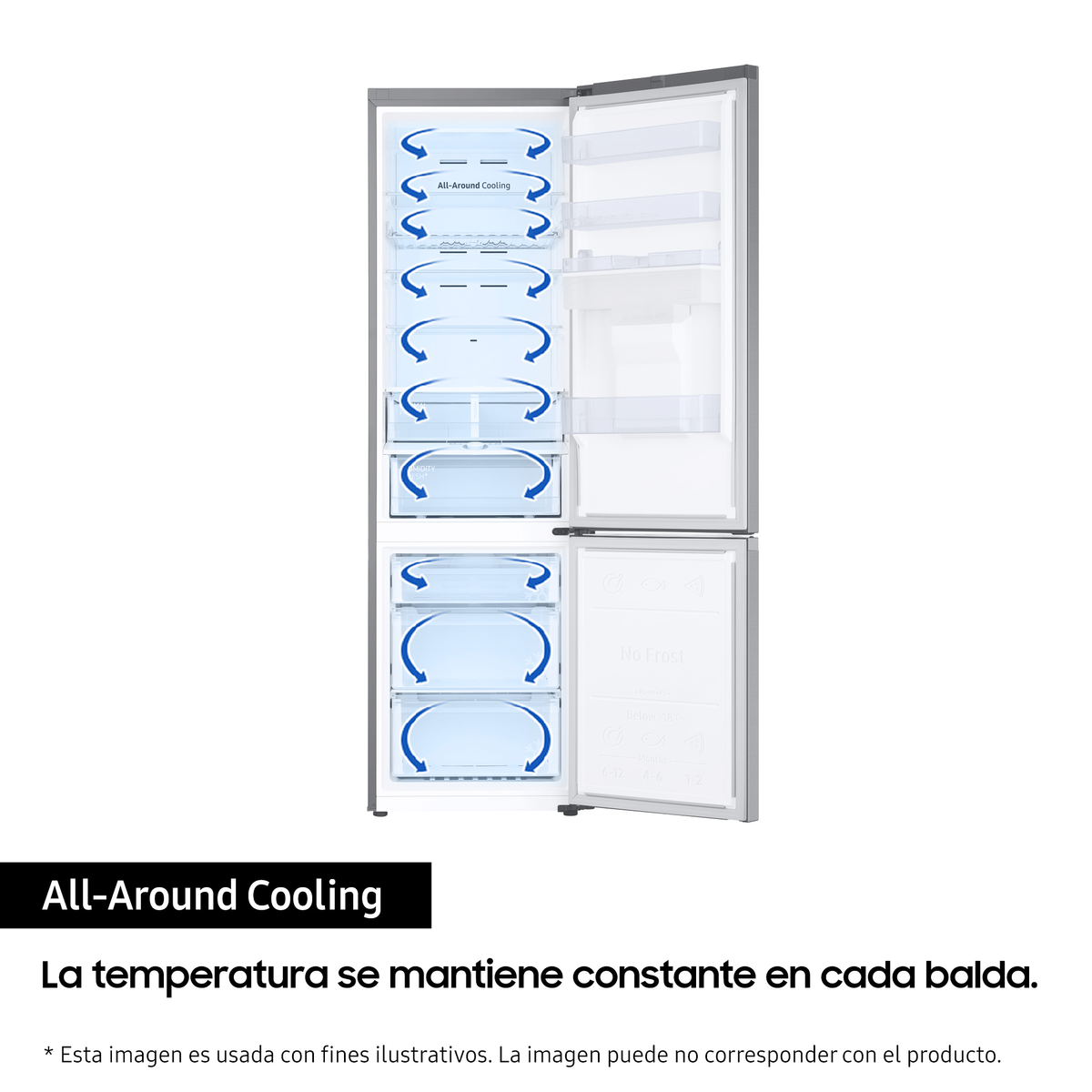 Un refrigerador con la puerta abierta, mostrando estantes, cajones y detalles de la tecnología de enfriamiento.