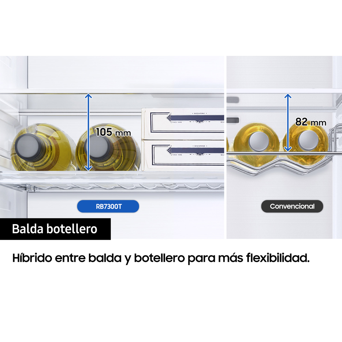 Wnętrze lodówki pokazuje dwie butelki wina na półce i etykietę z napisem 'Balda botellero'.