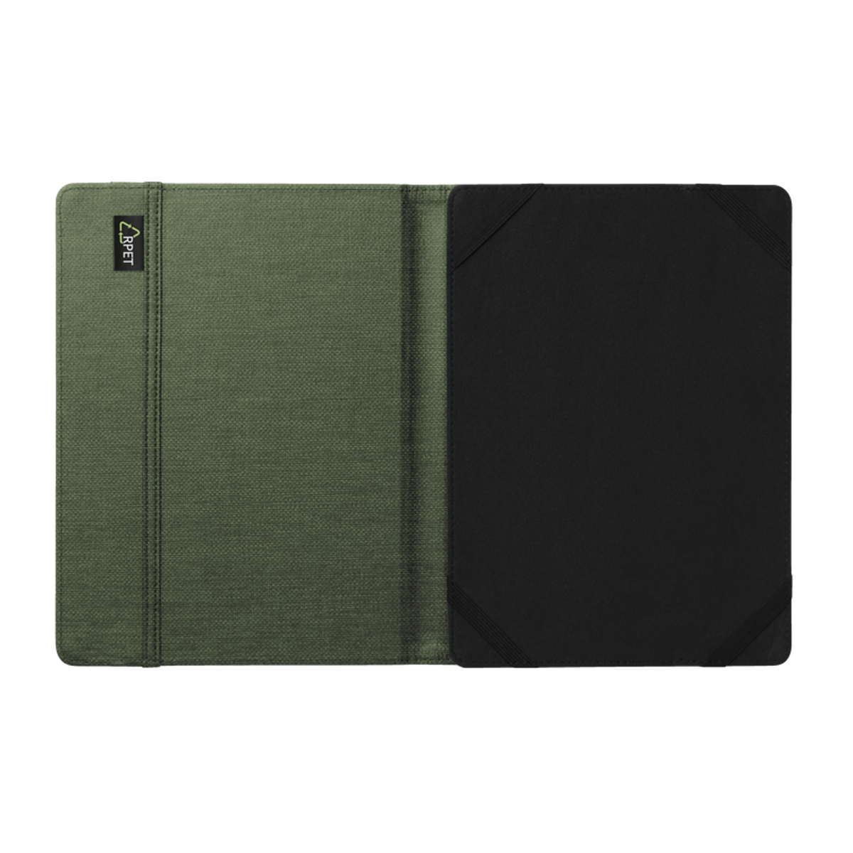 Otwarty dziennik z zieloną okładką i czarnym wnętrzem. Zamknięcie na gumkę.