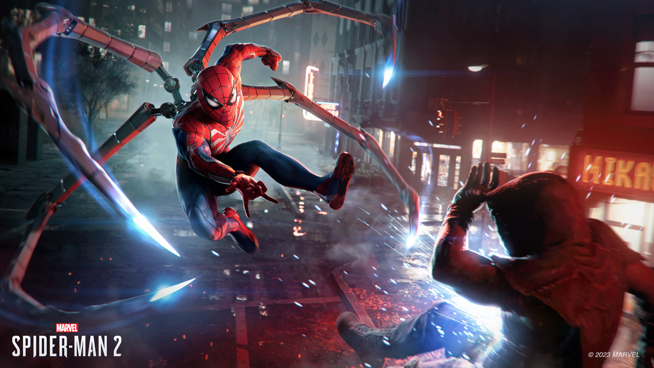 Spider-Man in una scena di battaglia, supereroe contro nemico in città.