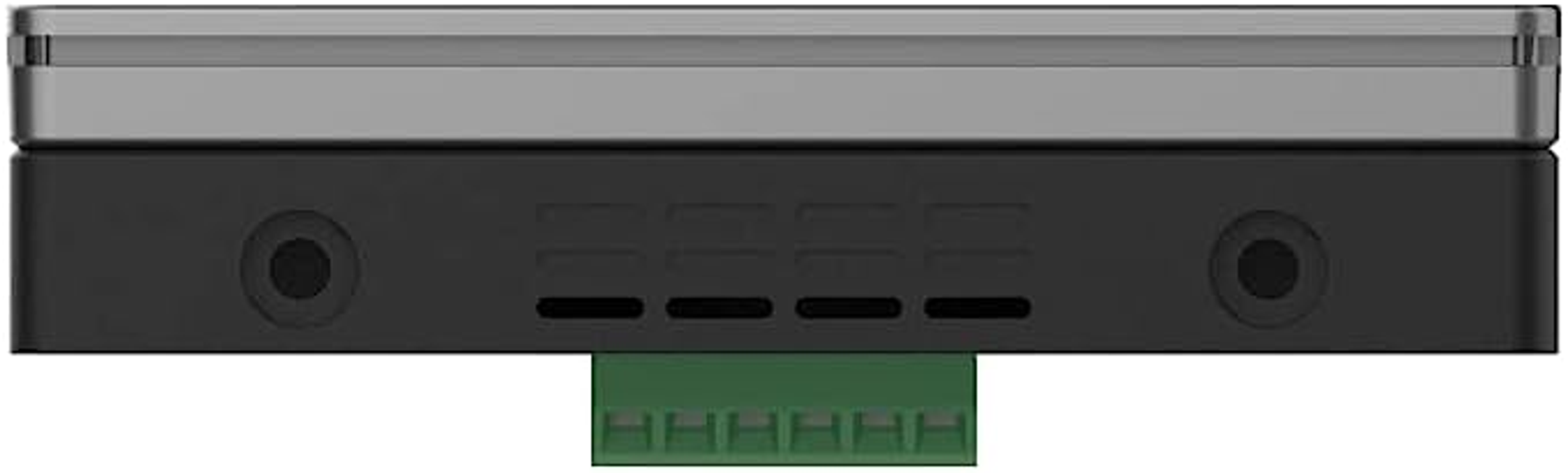 Un primo piano del pannello posteriore di un dispositivo nero con prese d'aria e connettore verde.