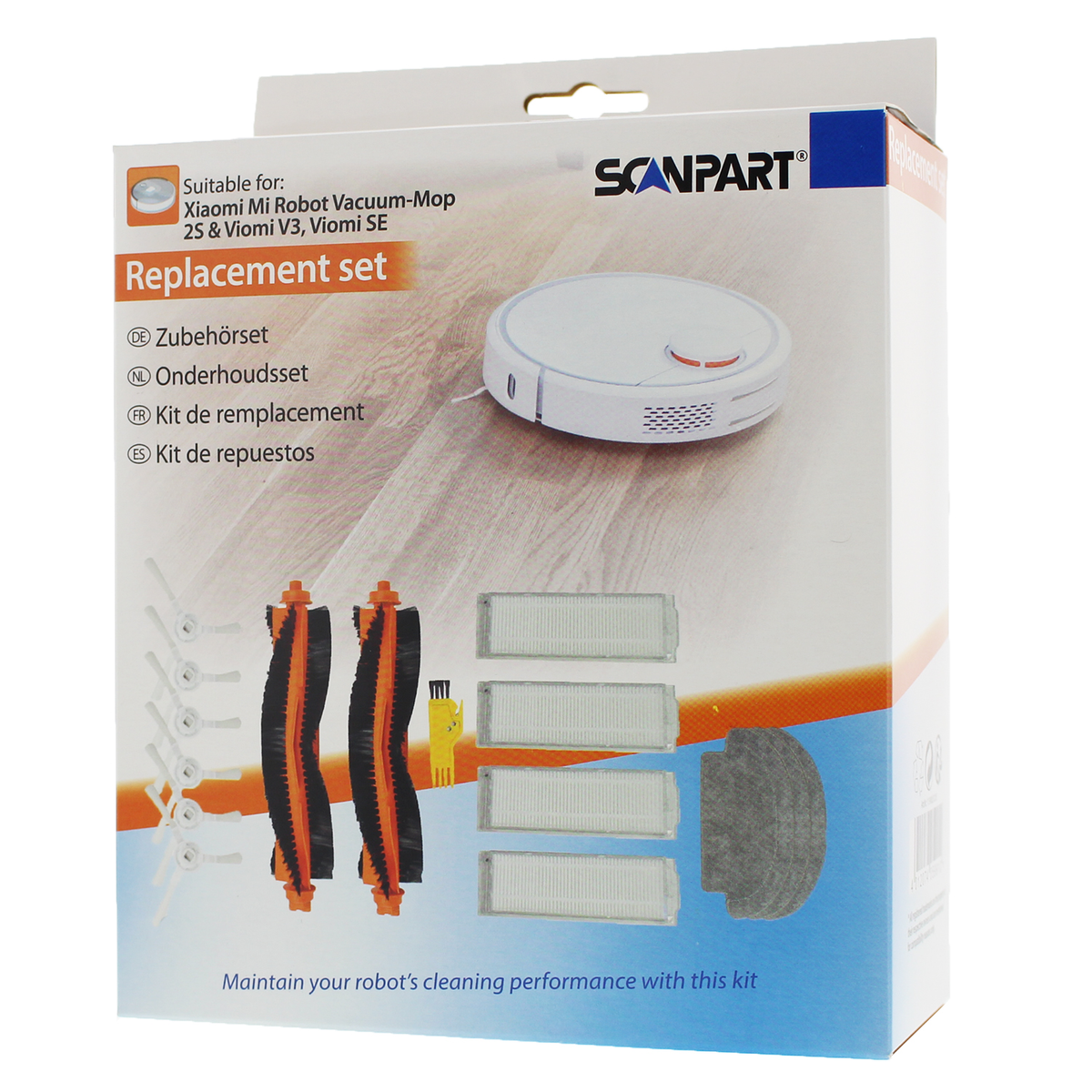 Set di ricambio per robot aspirapolvere, con spazzole, filtri e accessori in scatola.