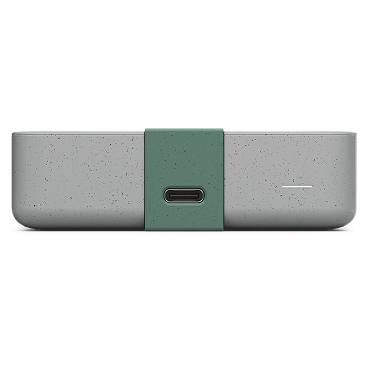 Un disco duro externo gris con una banda verde y un puerto USB-C.