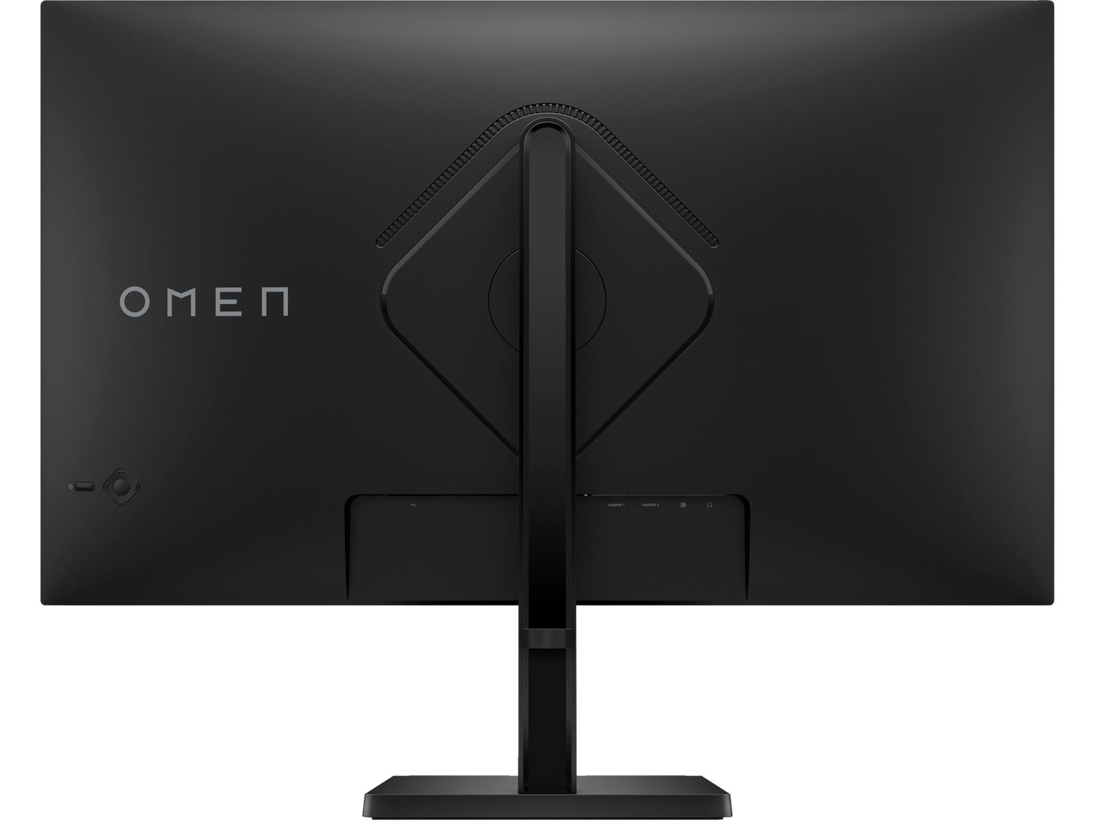 Tył czarnego monitora do gier OMEN. Posiada logo marki, porty i podstawkę. Tło jest czarne.