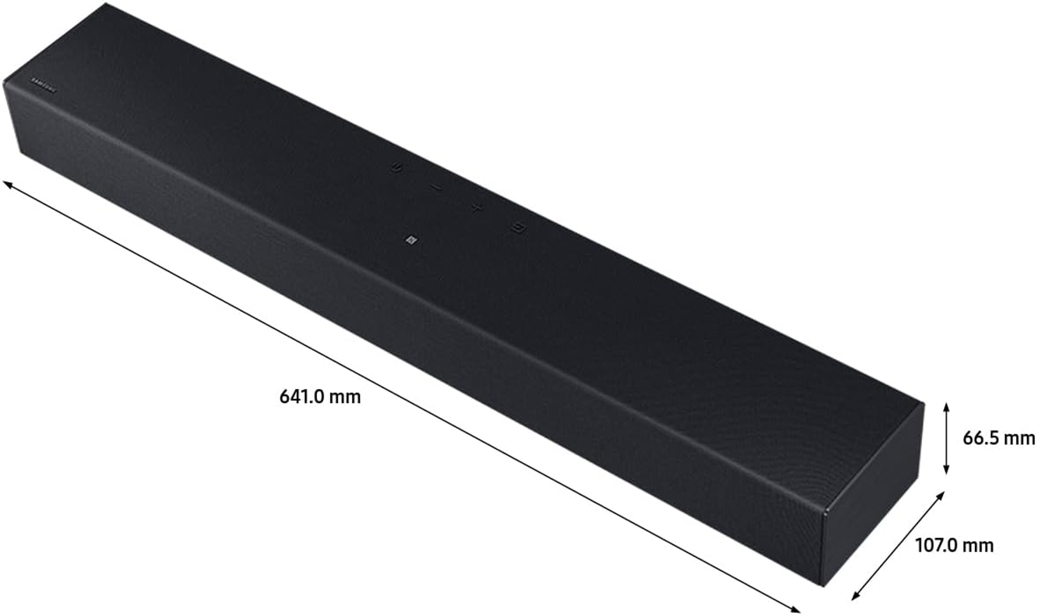 Czarny soundbar z wymiarami, nakładką tekstową i przyciskami na górze.