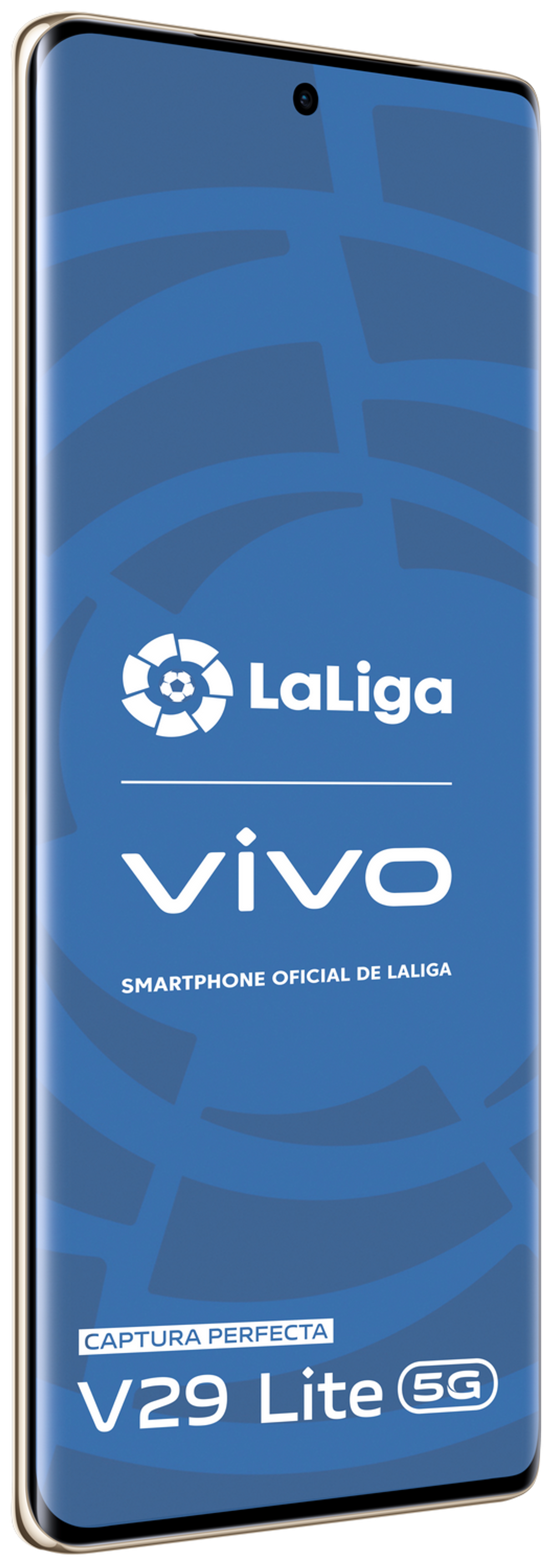 Złoty smartfon z niebieskim logo LaLiga na ekranie. Tekst Captura Perfecta i Vivo.
