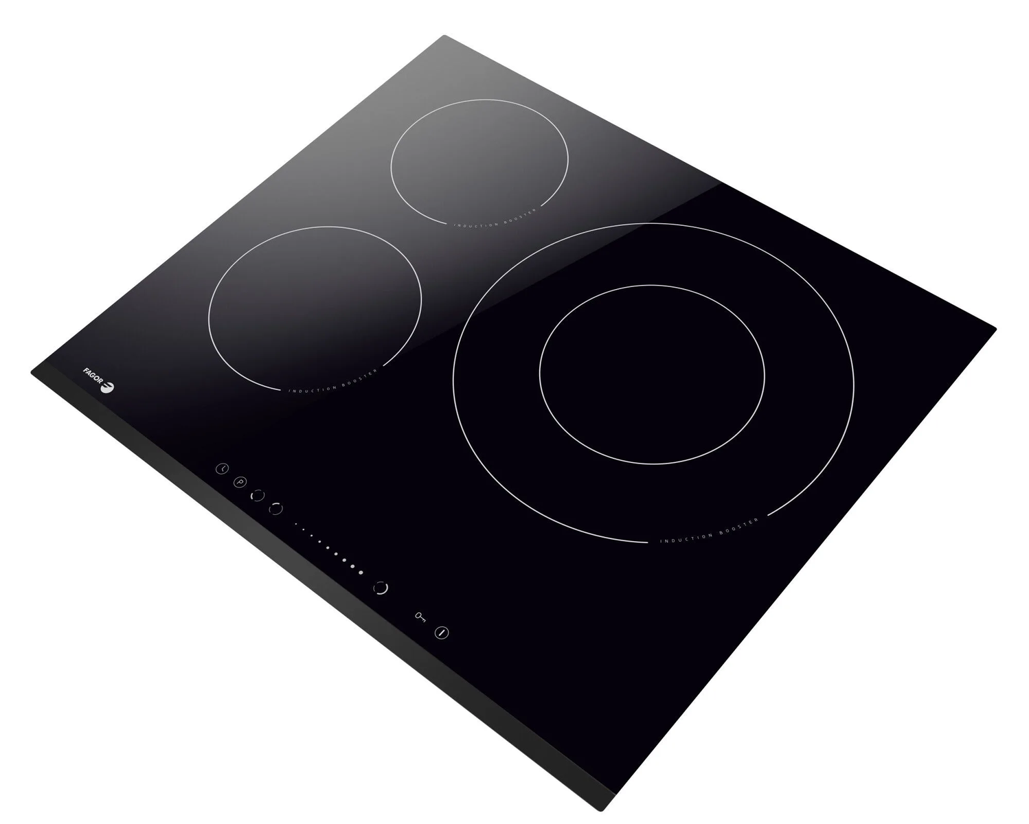 Placa de inducción negra con tres quemadores circulares. Sobre fondo blanco.