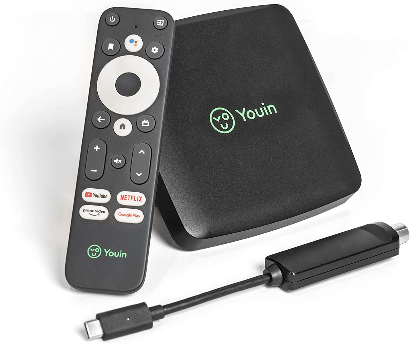 Un dispositivo de transmisión negro con un mando y un adaptador USB-C. La marca es 'Youin'.