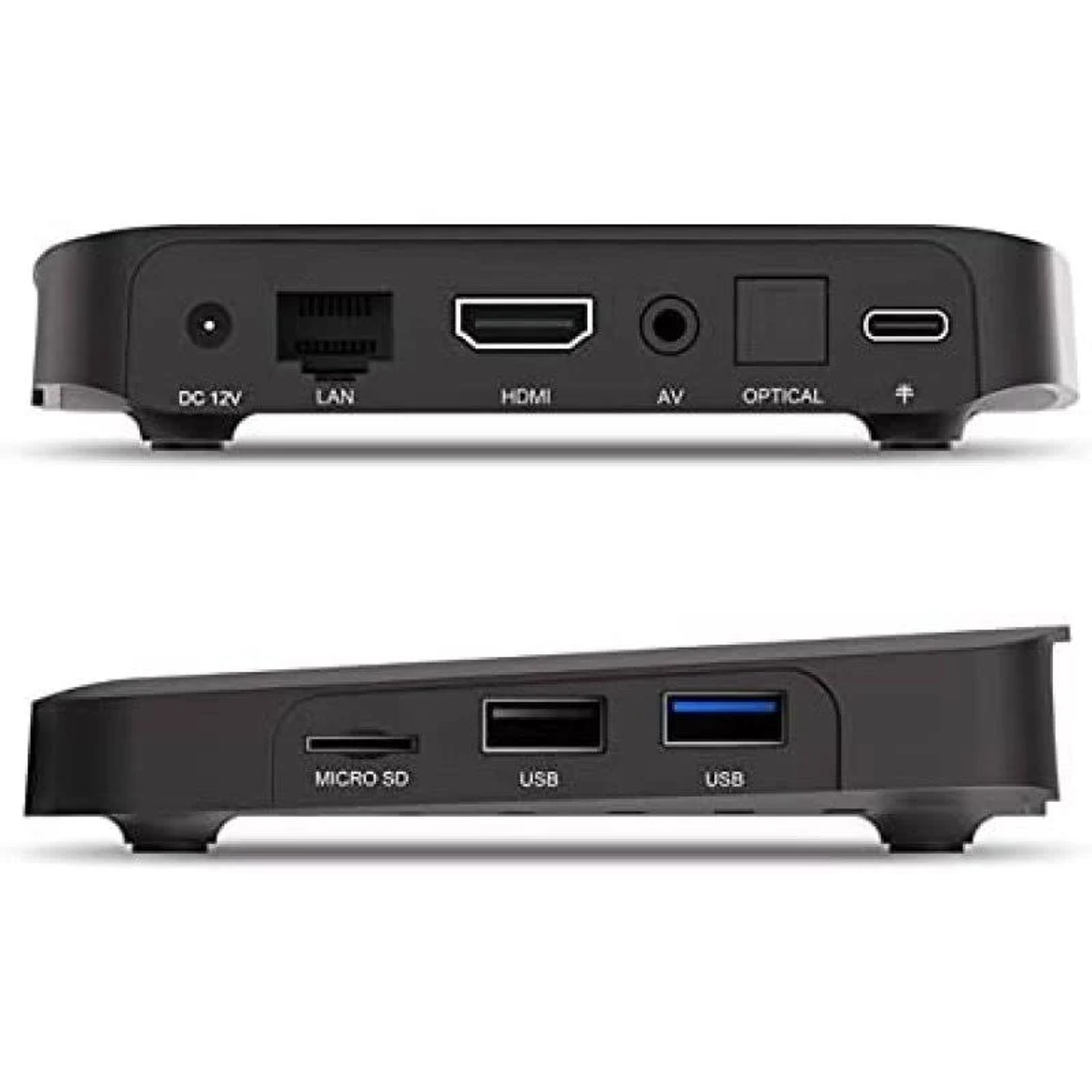 Vistas superior y lateral de un reproductor multimedia negro con varios puertos de conexión.