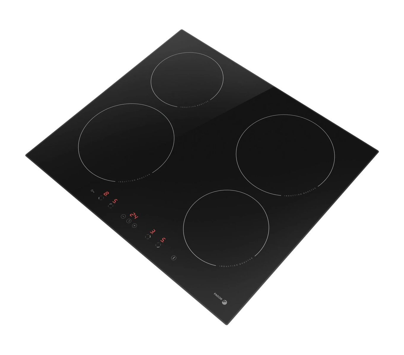Placa de inducción negra con cuatro zonas. Pantalla digital muestra números.
