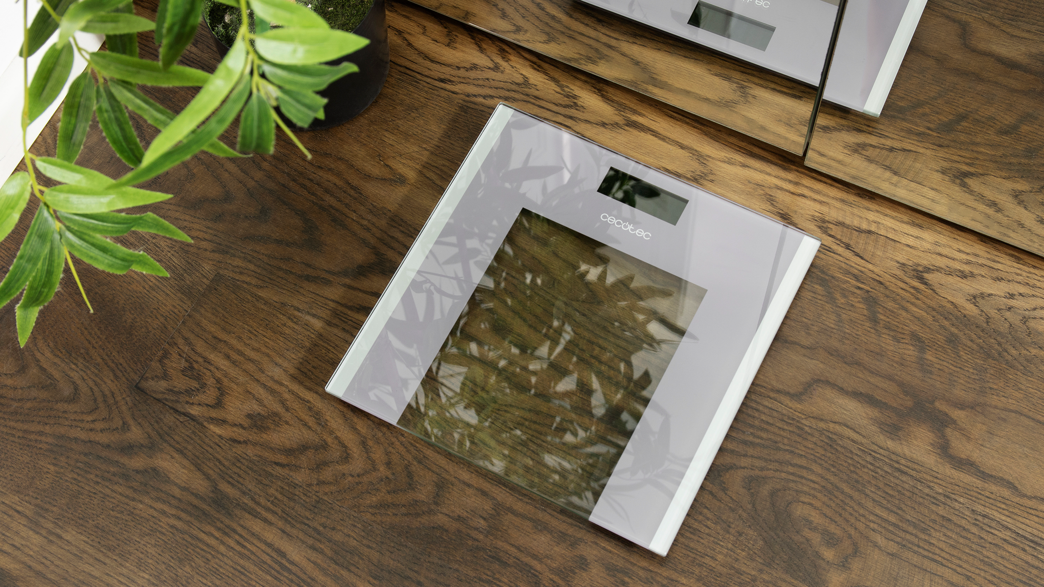 Waga cyfrowa z odbiciem rośliny na drewnianej powierzchni i lustrem w tle.