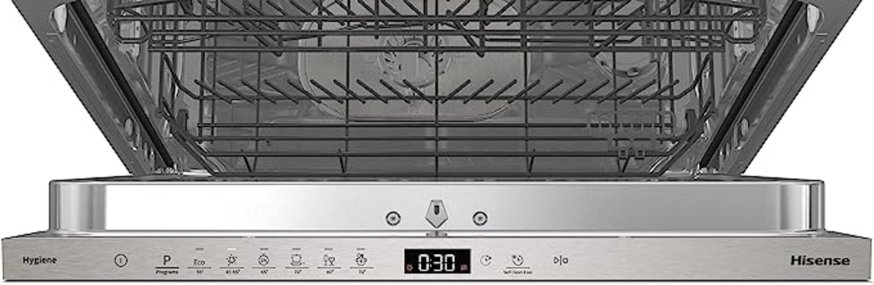 Primer plano del panel de control de un lavavajillas Hisense, mostrando la pantalla e iconos.
