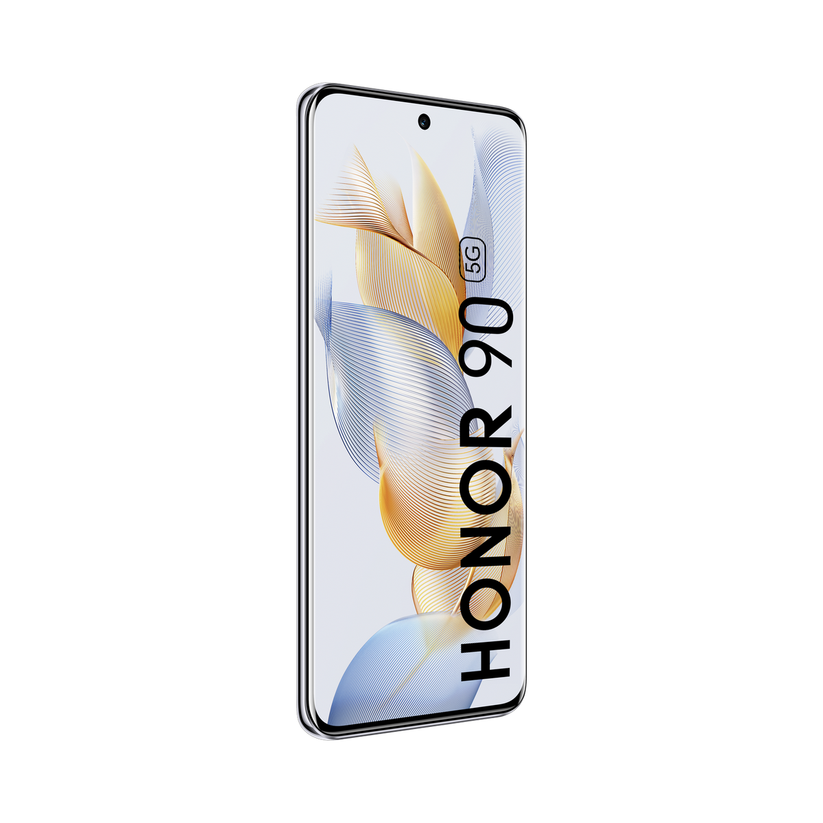 Telefon Honor 90 z 5G na ekranie, czarne tło, w widoku portretowym.