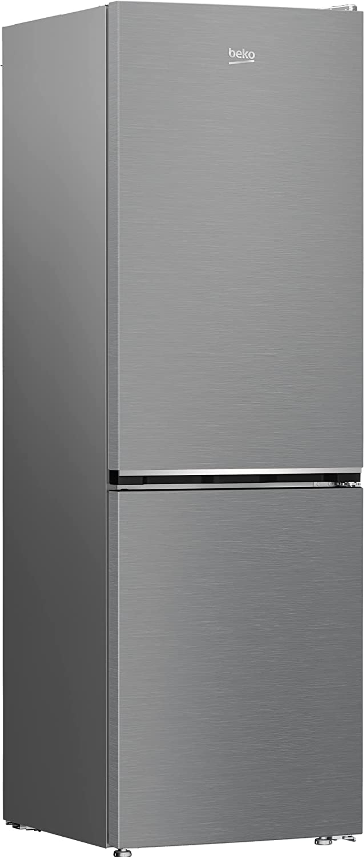 Un frigorifero Beko argento a due porte. La porta superiore ha il logo del marchio.