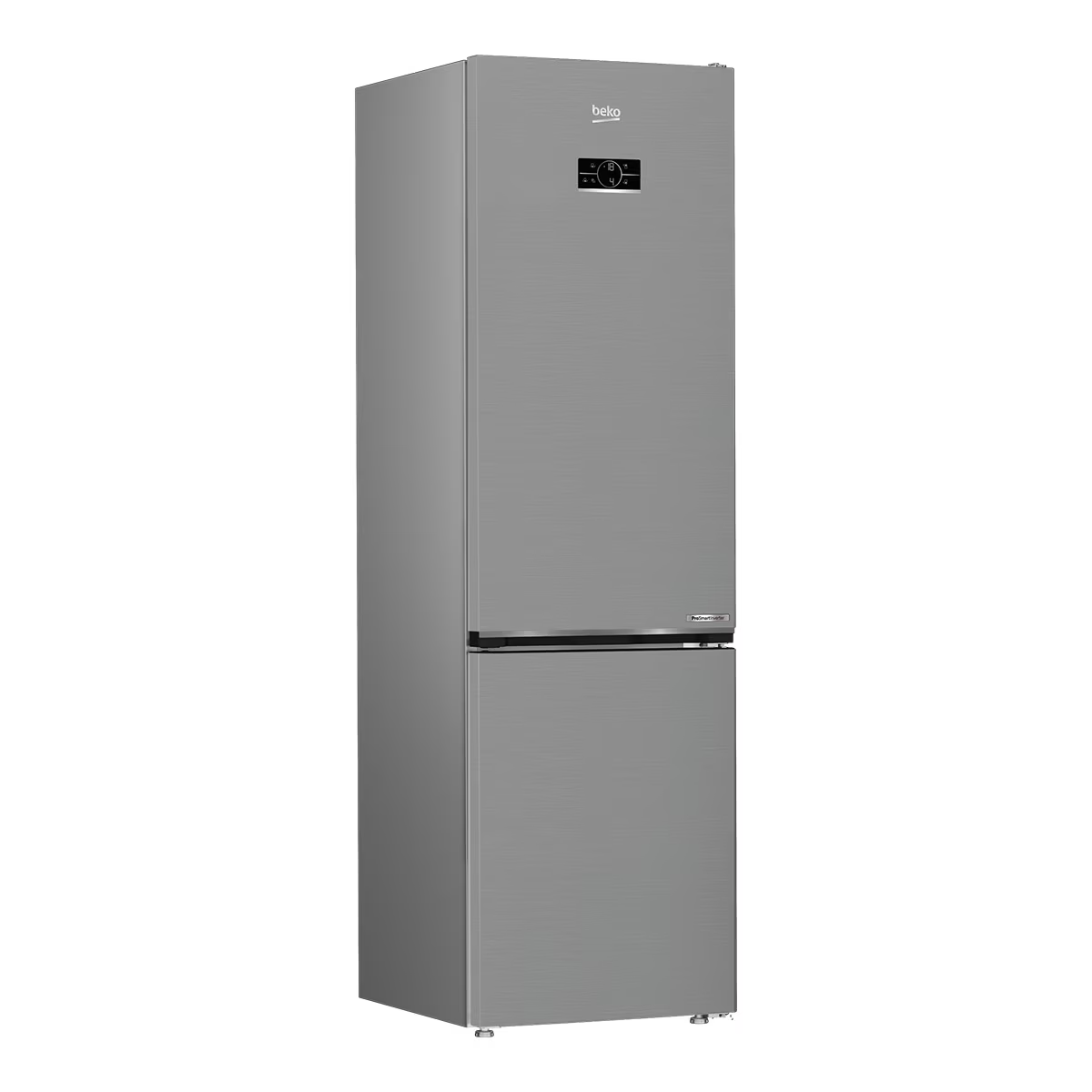 Un refrigerador Beko plateado con puerta gris y pantalla digital.
