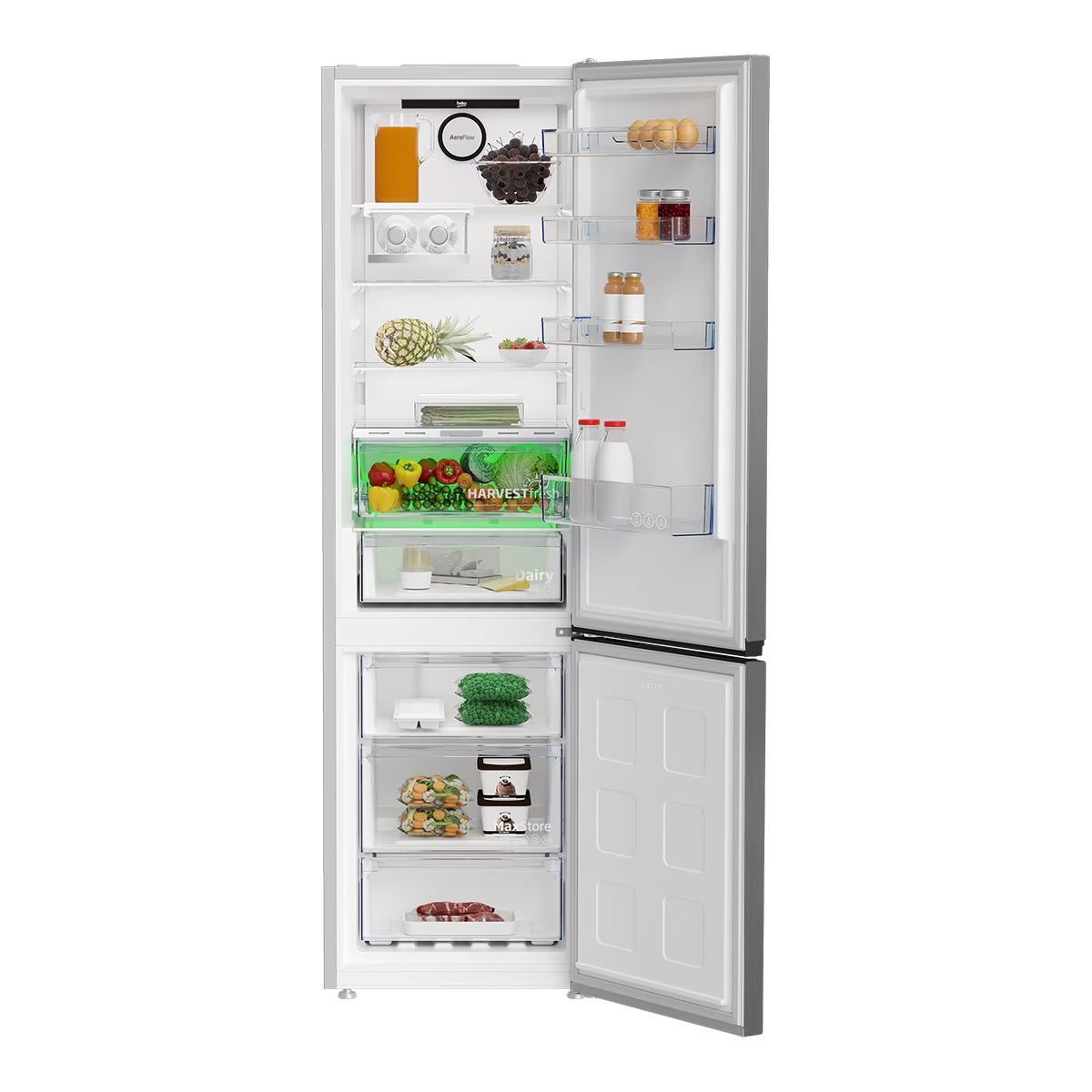 Refrigerador abierto con varios alimentos en compartimentos, incluyendo productos frescos.