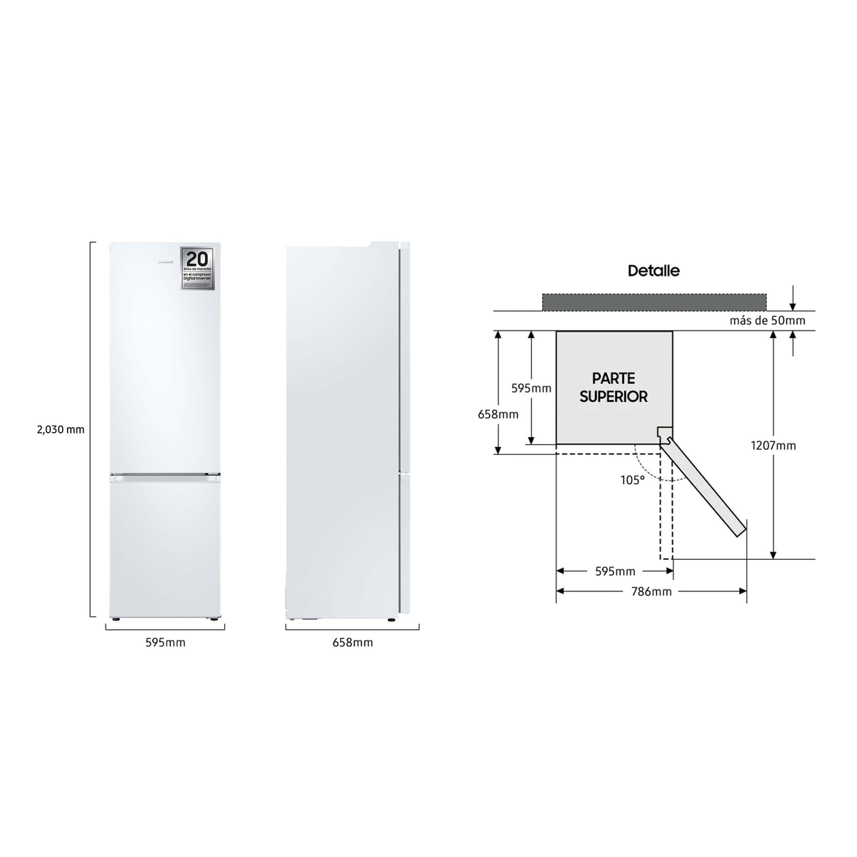 FRIGORIFERO COMBINATO SAMSUNG RB38C605DWW, 2 Porte, L 59.5 cm, No Frost, Capacità netta totale 390 l, Rumorosità: 35 dB(A), LAN wireless, 2 ripiani, Dimensioni: L 59,5 cm A 203 cm P 65,8 cm, Bianco, Classe D