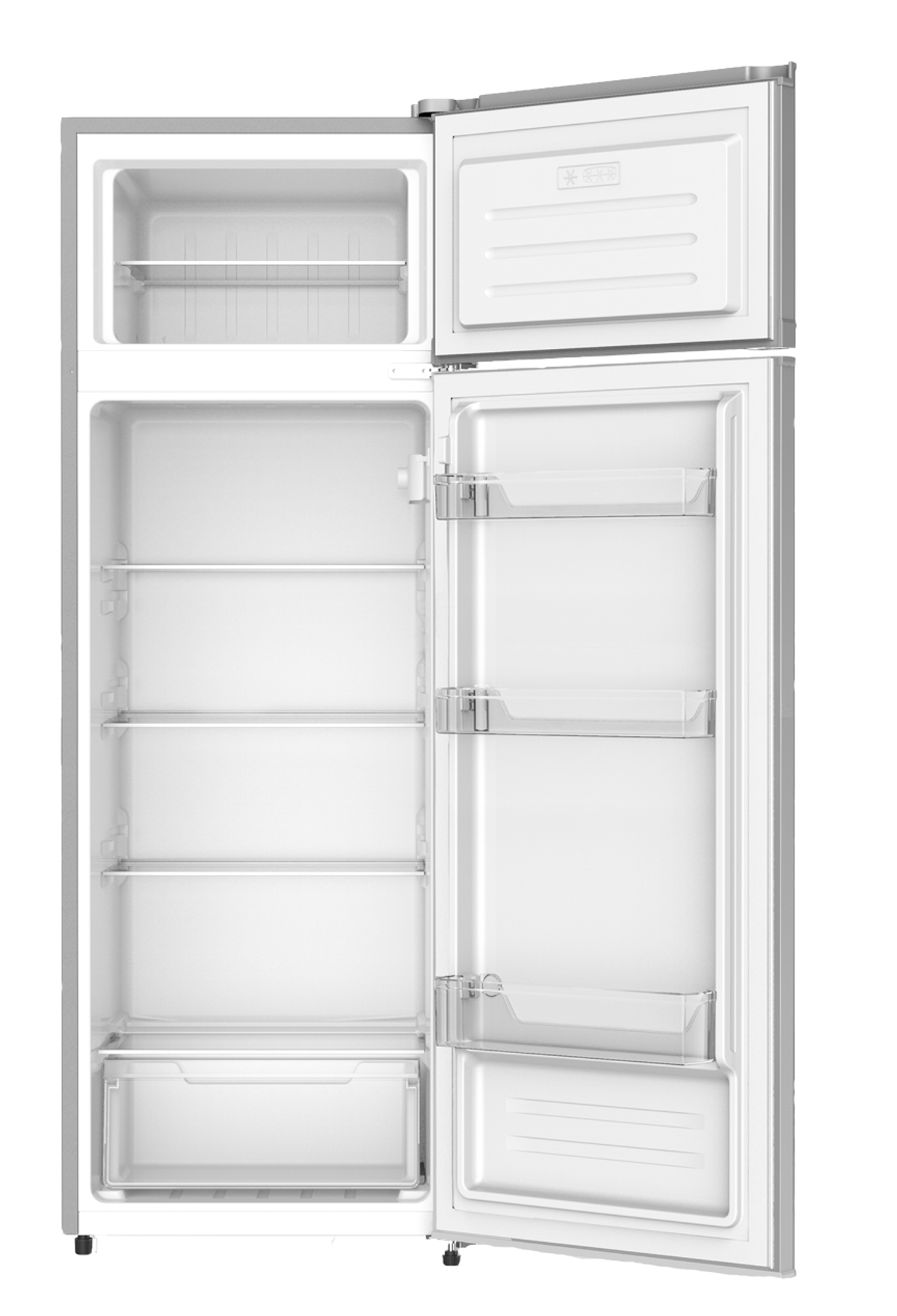 Refrigerador blanco abierto. Dentro, estantes y cajones son visibles.
