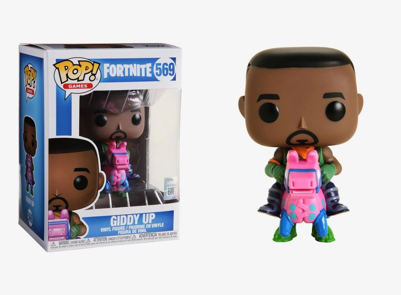 Figurka Funko Pop Fortnite 'Giddy Up' w pudełku i poza nim. Figurka przedstawia postać jadącą na lamie. Białe tło.