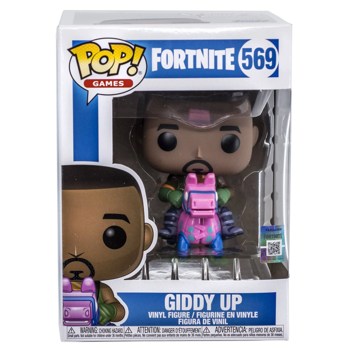 Figurka Fortnite Giddy Up Pop! w pudełku, z różowym i niebieskim koniem. Opakowanie przedstawia figurkę.