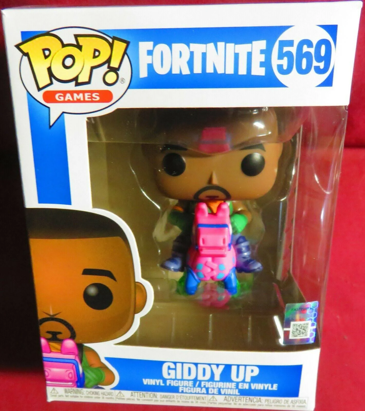 Figurka Funko Pop Fortnite Giddy Up w pudełku, pokazująca figurkę i pudełko.