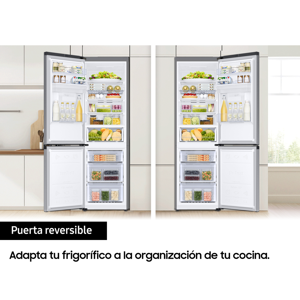 Dos refrigeradores abiertos. Cada uno muestra estantes de comida y cajones. El texto dice 'Puerta reversible'.