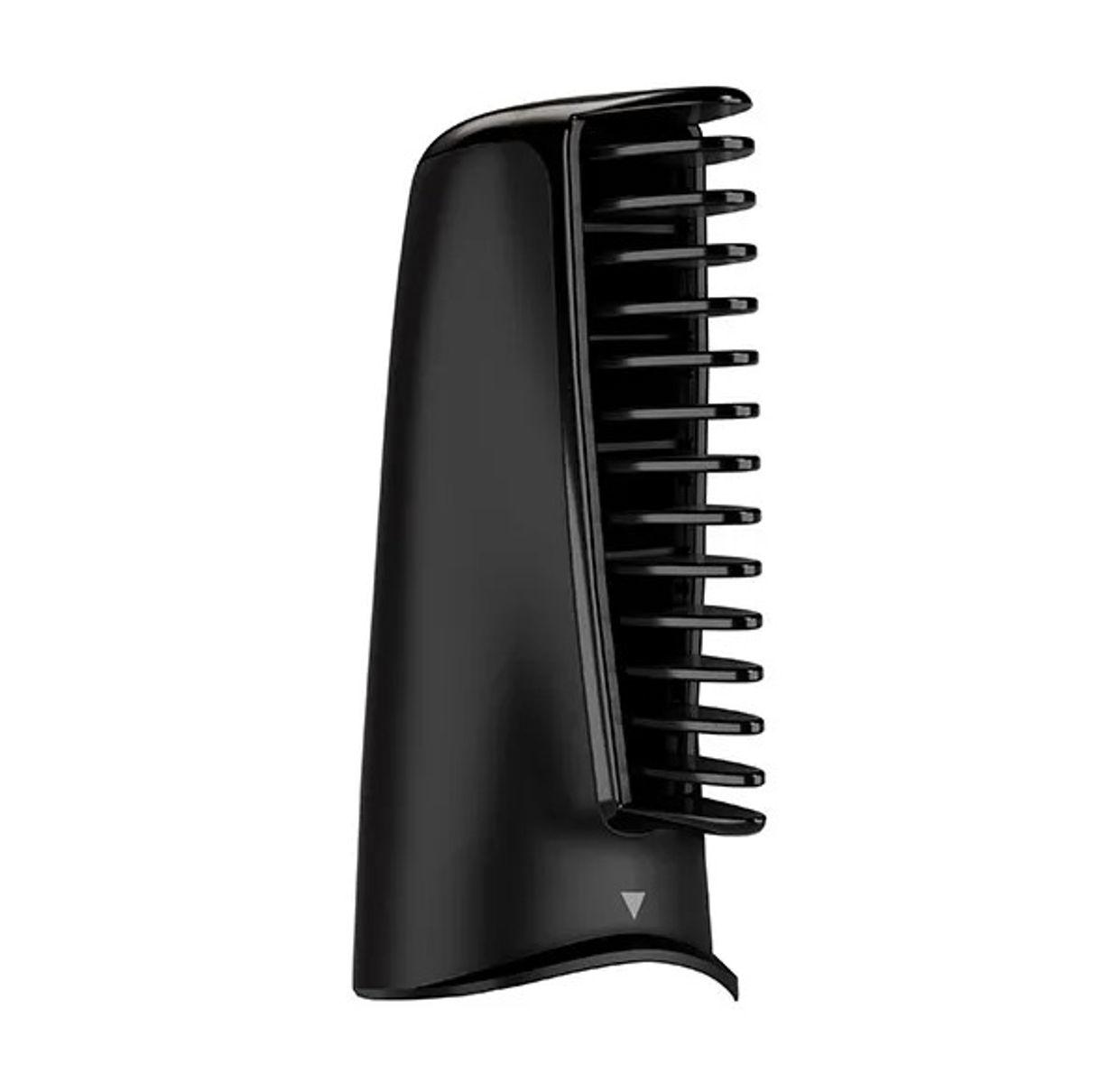 Czarny grzebień na białym tle. Ma zęby po prawej stronie i zakrzywioną podstawę.