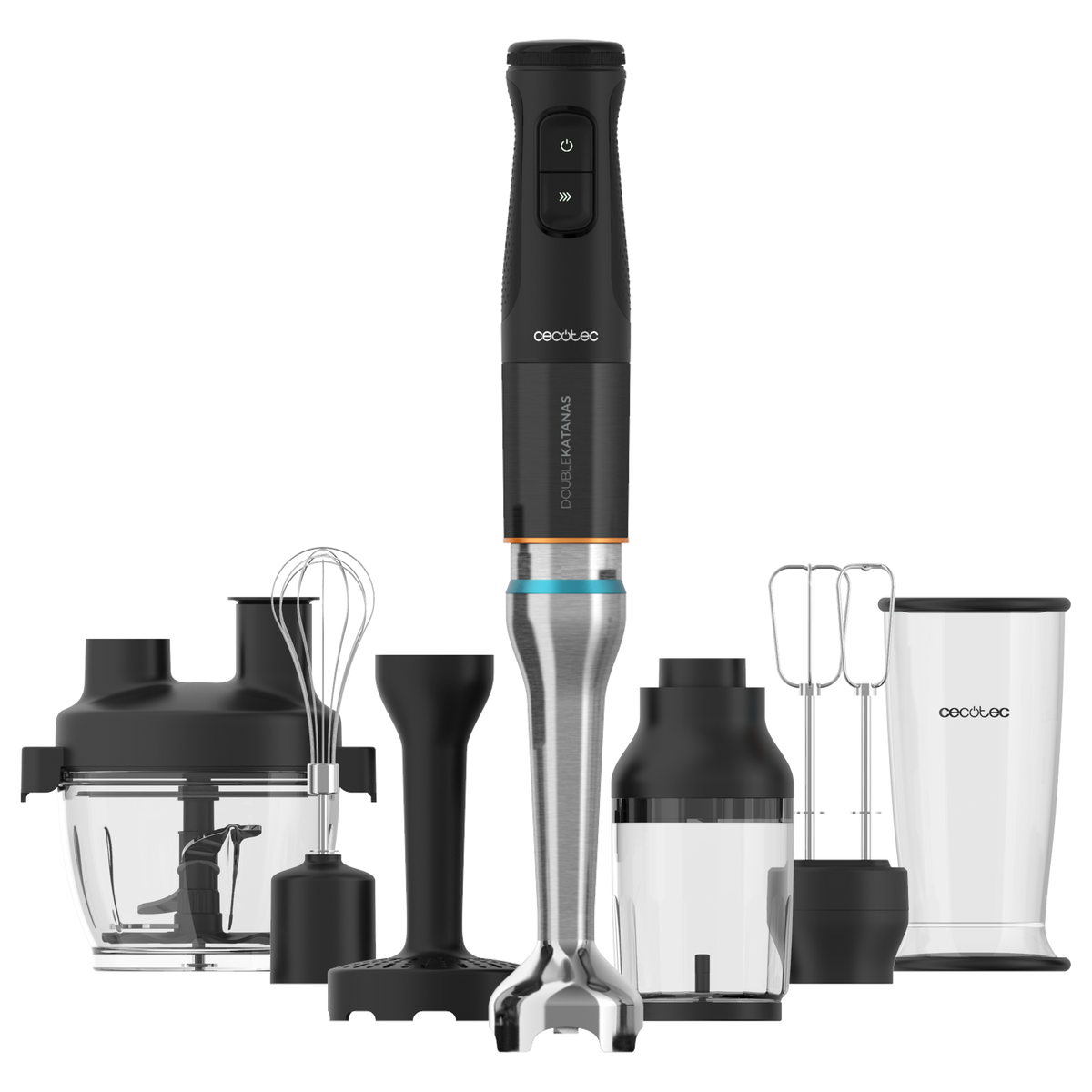 Czarny blender ręczny z różnymi nakładkami na białym tle.