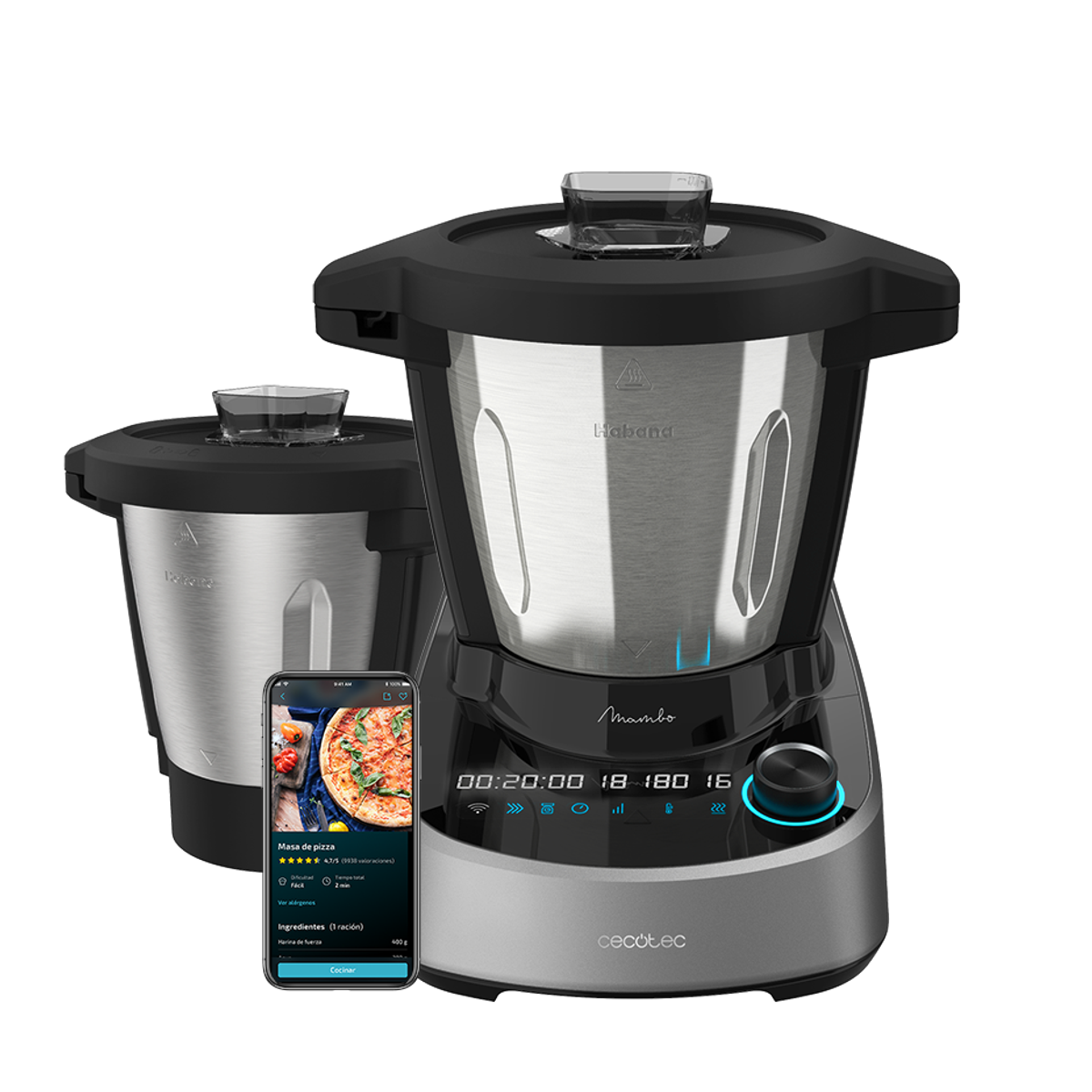 Un electrodoméstico de cocina negro y plateado tiene una pantalla táctil con una receta de pizza en exhibición.