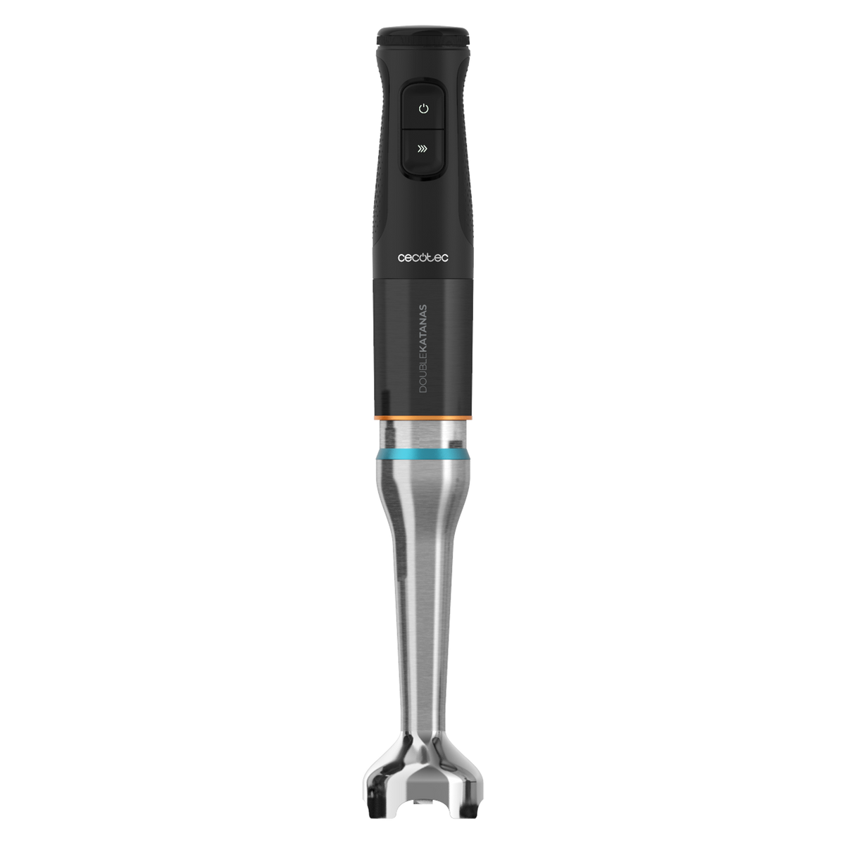 Zbliżenie czarnego blendera ręcznego ze srebrnym wałem mieszającym.