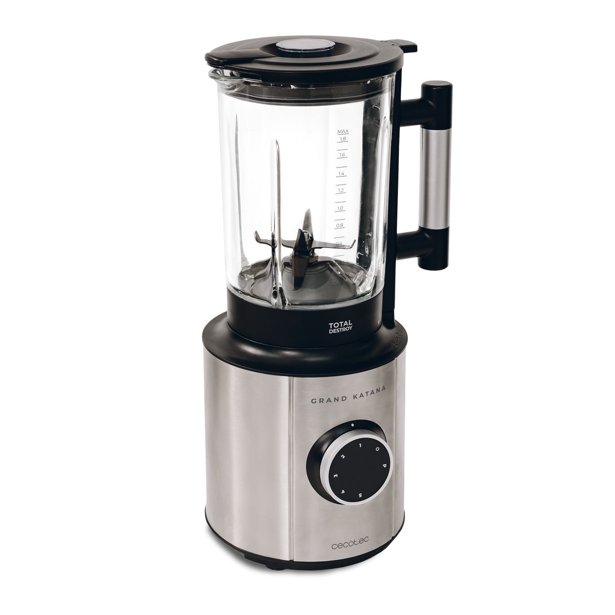 Blender, podstawa ze stali nierdzewnej, szklany pojemnik i czarna pokrywa.