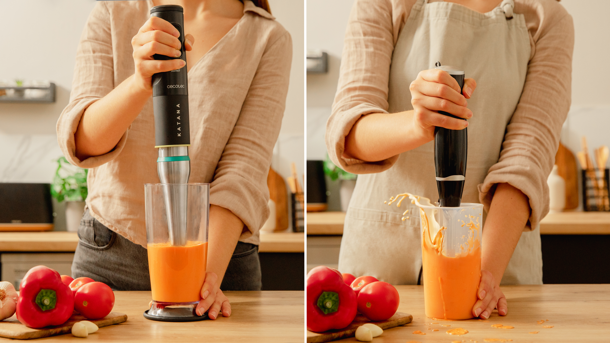 Osoba używająca czarno-srebrnego blendera ręcznego Katana z pomarańczowym płynem.
