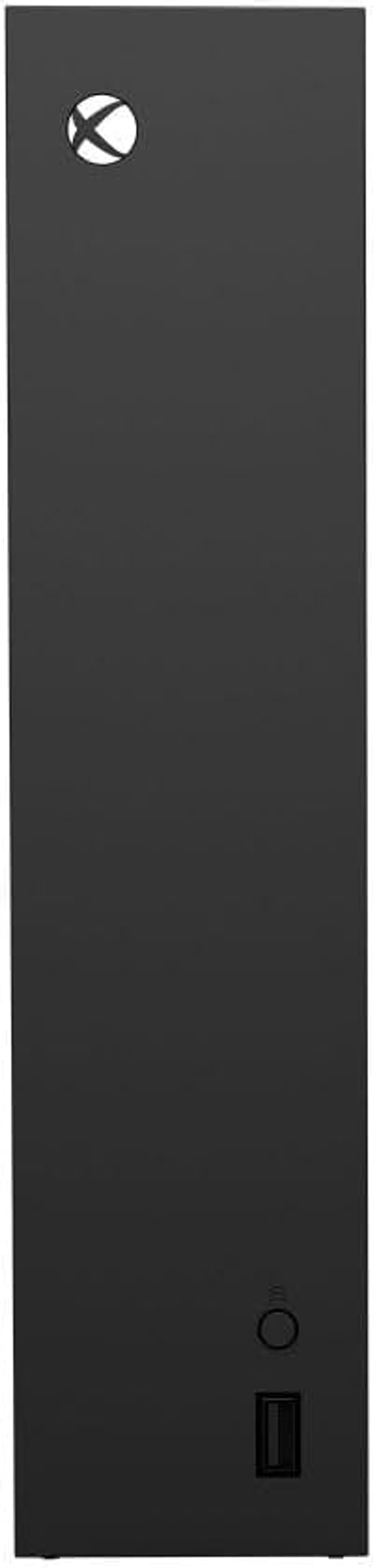 Schwarze Xbox Series X. Hohe schwarze Konsole mit Xbox-Logo und USB-Anschluss unten.