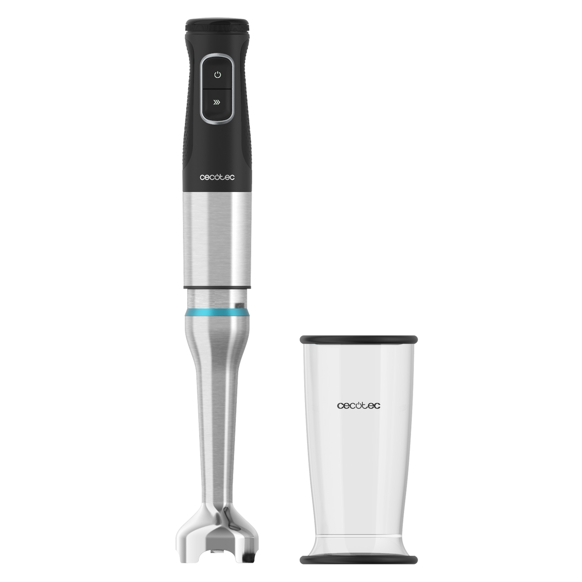 Czarny i srebrny blender ręczny z miarką obok. Marka 'Cecotec'.