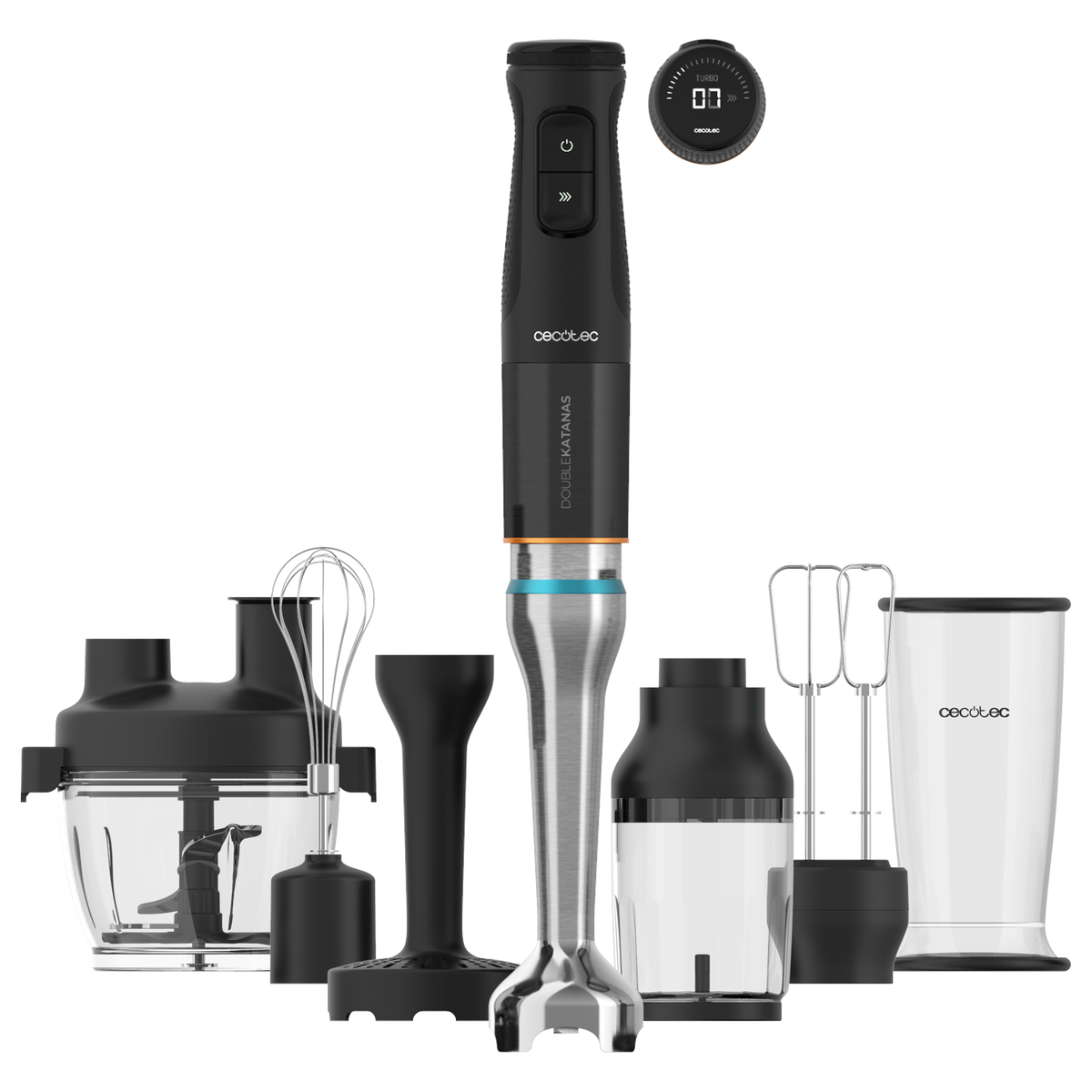 Czarny blender ręczny z akcesoriami na białym tle.