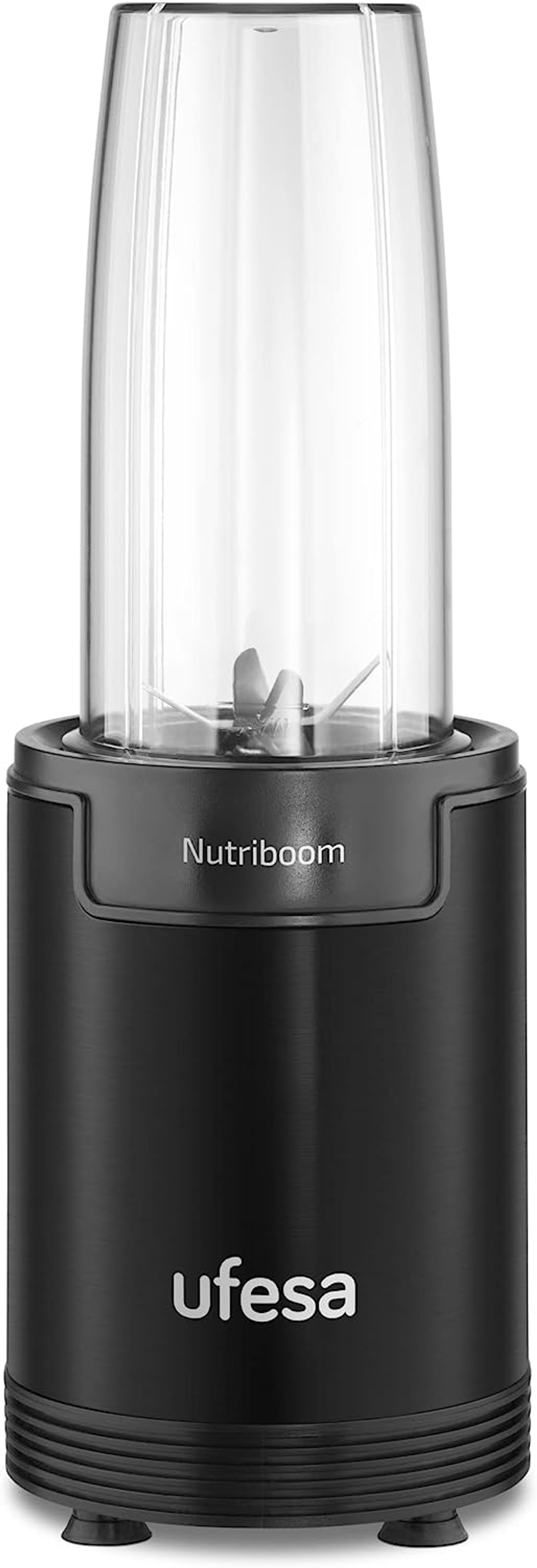 Czarny blender Nutriboom z przezroczystym pojemnikiem na białym tle.