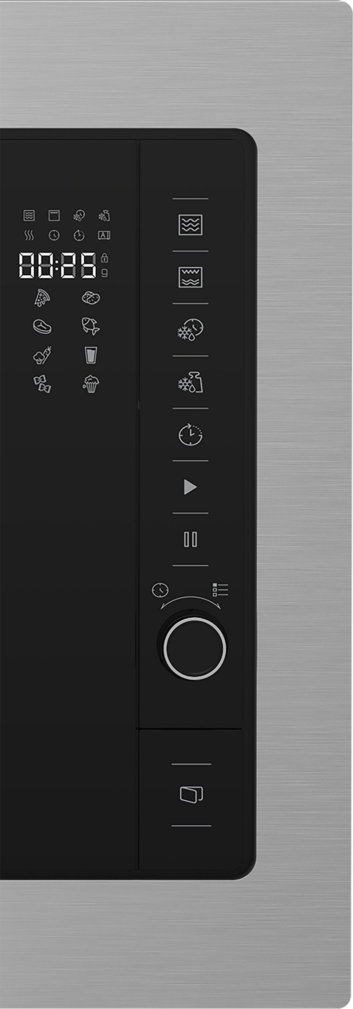 Panel de control de microondas con pantalla digital mostrando tiempo e iconos.