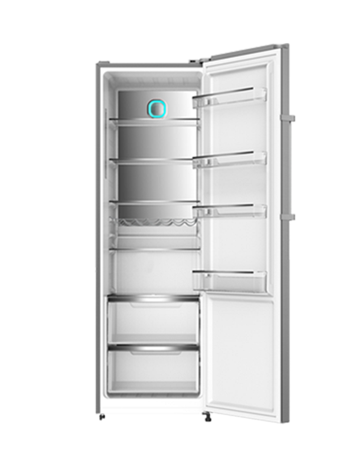 Refrigerador abierto con estantes. En el interior, hay varios estantes y una luz. La puerta está abierta. Es claro.