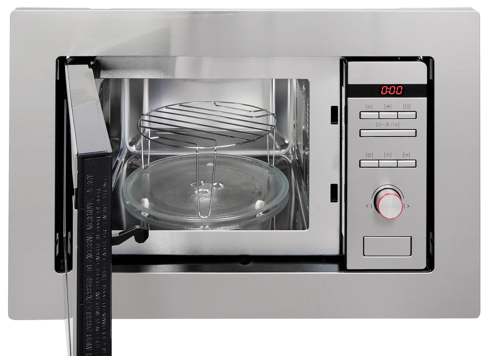Horno microondas con la puerta abierta. Detalles interiores: plato de cristal, rejilla metálica y panel de control a la derecha.