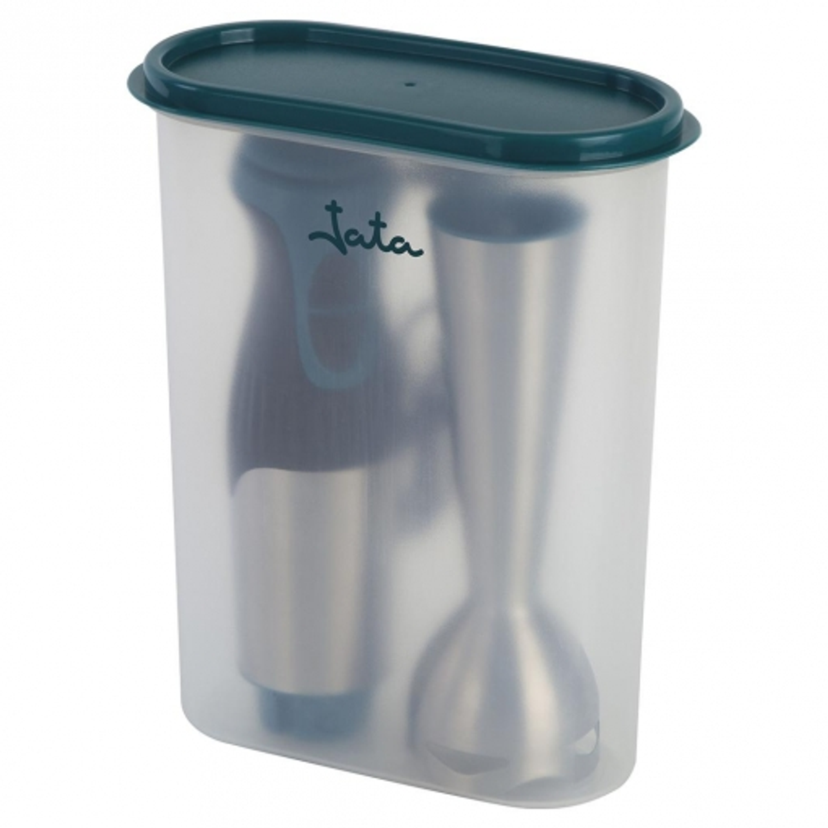 Ein transparenter Behälter enthält einen Mixer und Stabmixer. Ein grüner Deckel ist oben.