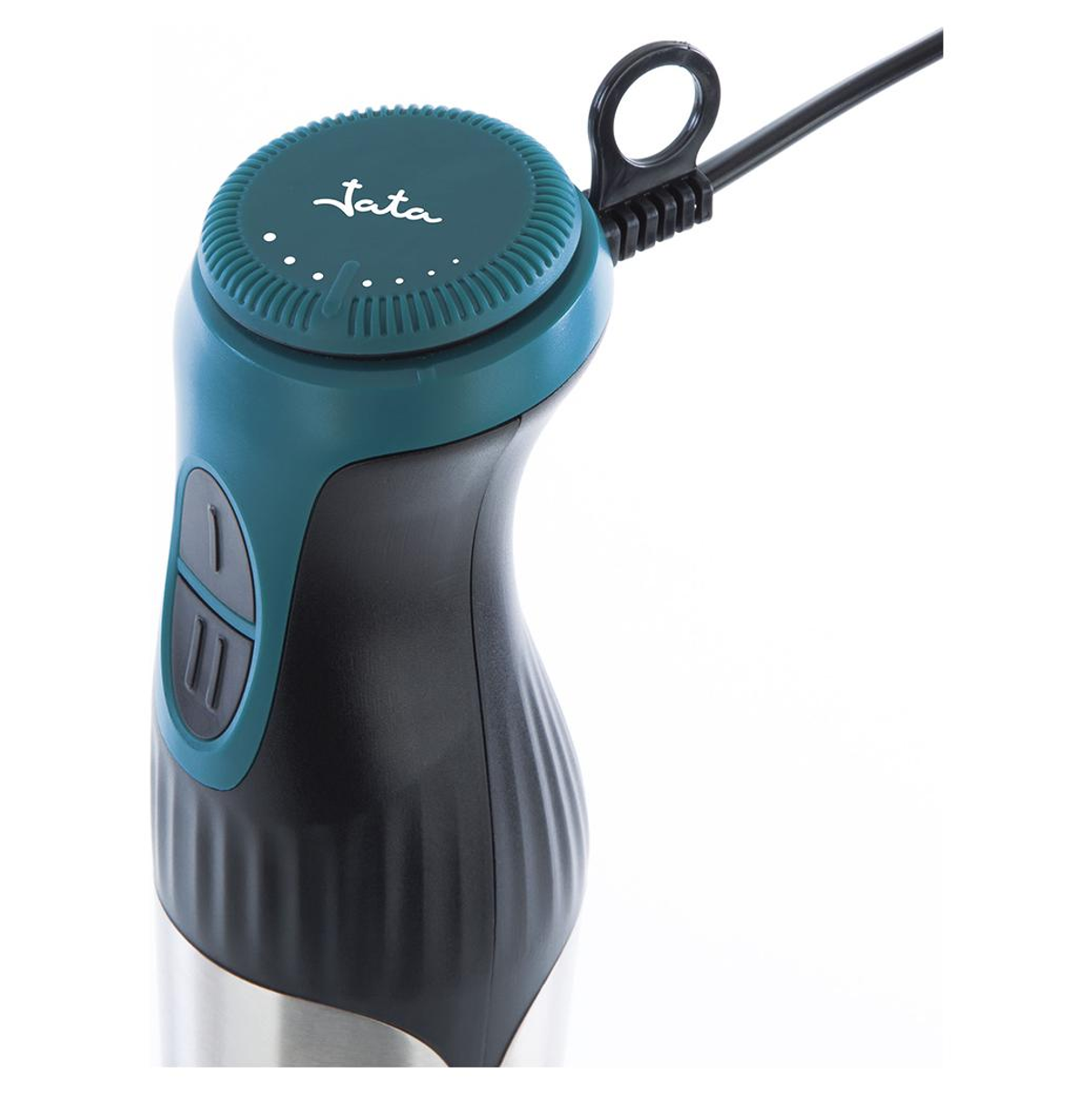 Ein teal-farbener und schwarzer Stabmixer mit dem Markennamen 'jata' und einem Stromkabel.