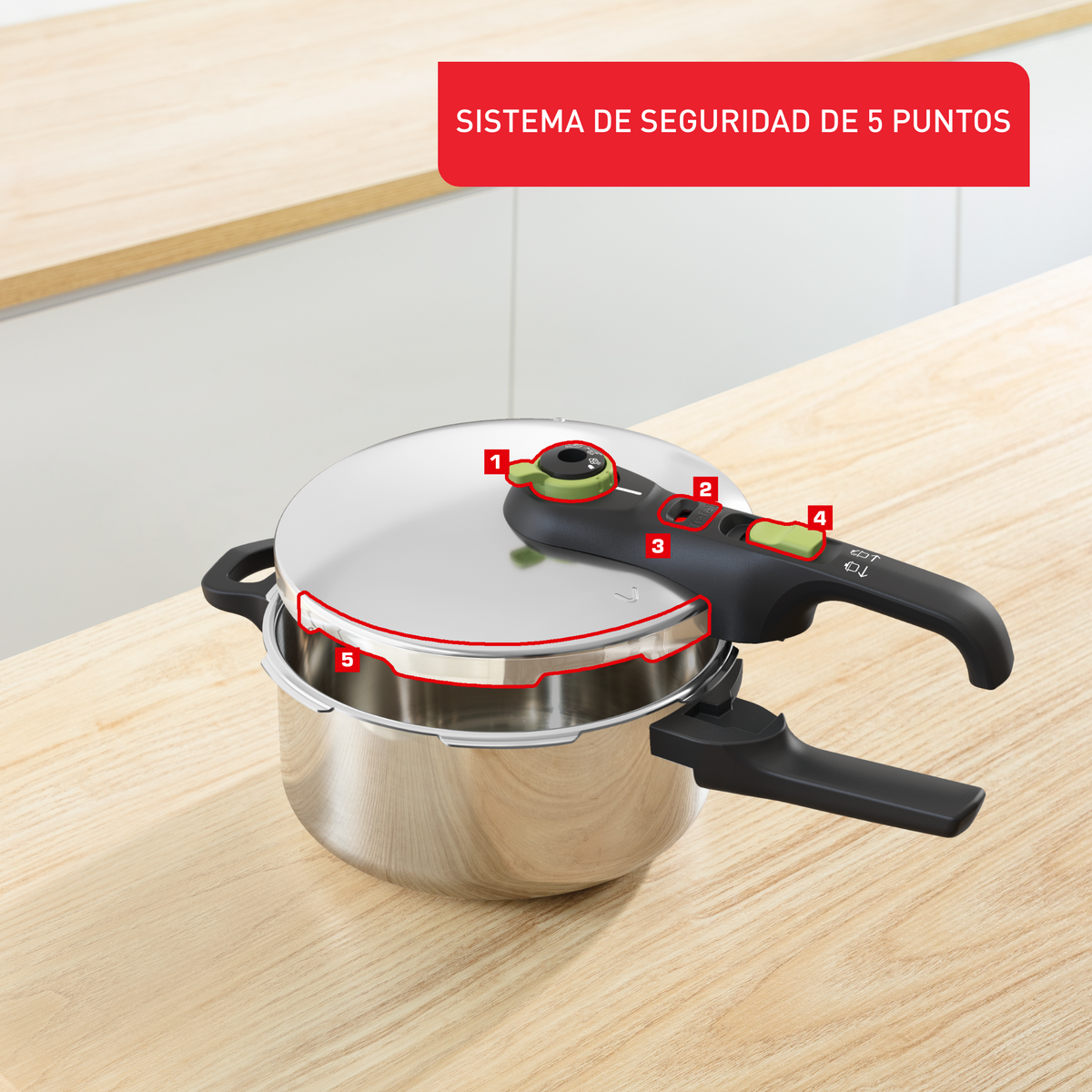Olla a presión de acero inoxidable con asa negra y características de seguridad.
