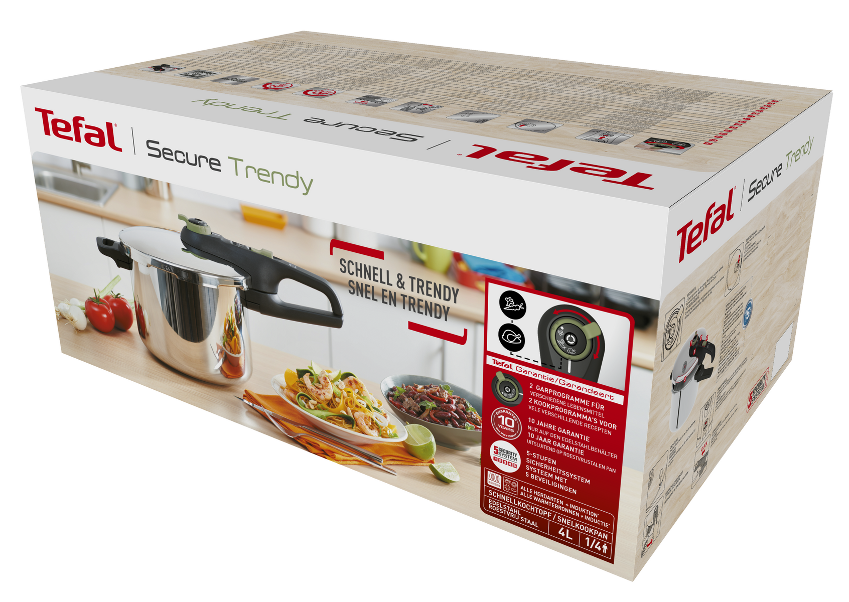 Embalaje de una olla a presión Tefal con olla, alimentos e información de garantía.