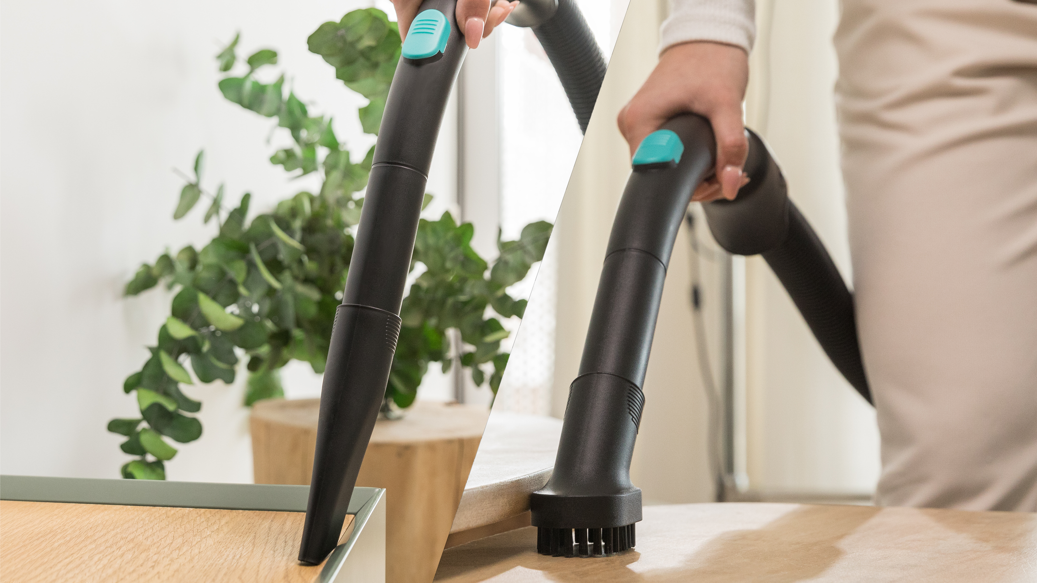 Dwa widoki nasadki odkurzacza: jedna na meblach, druga w dłoni.