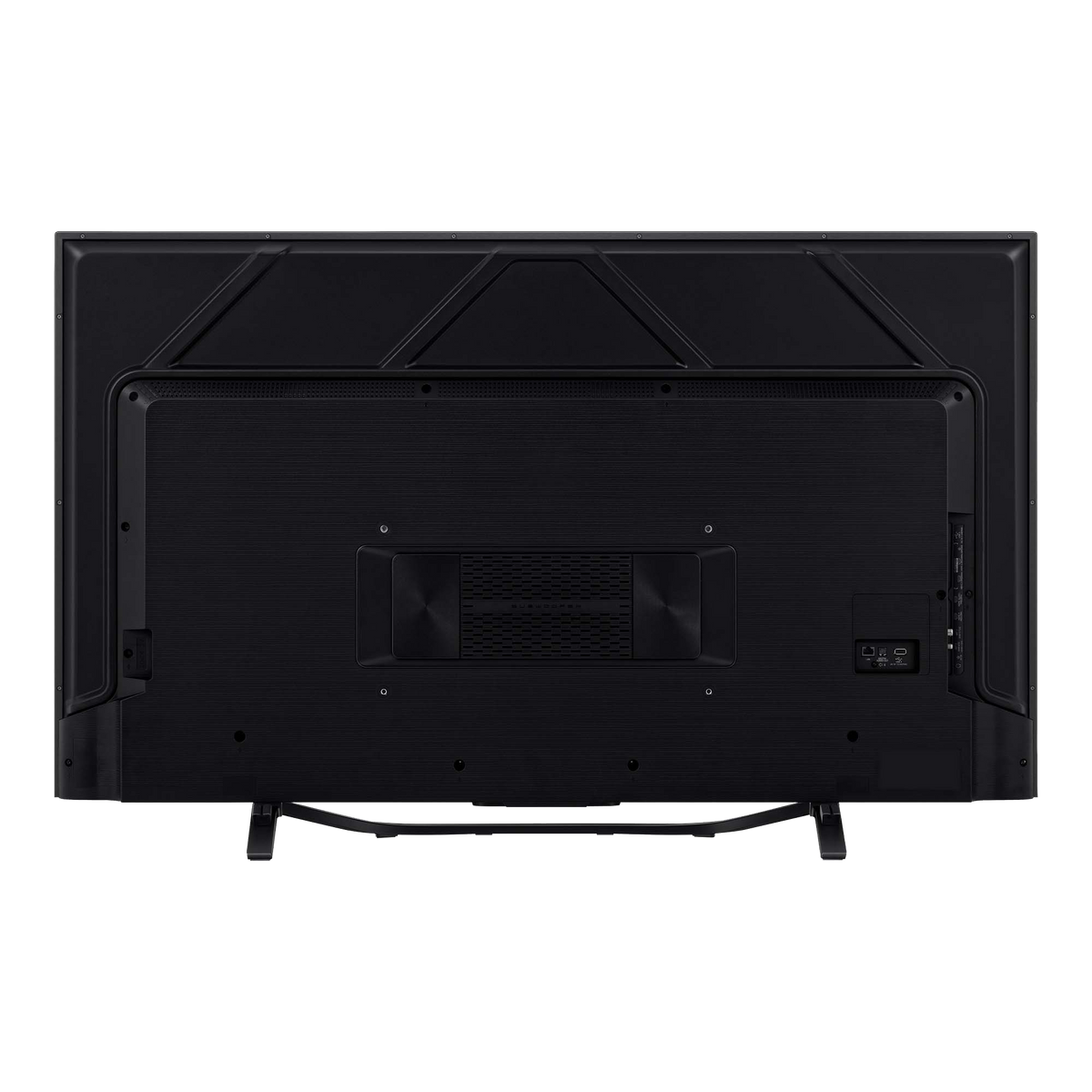 Tył czarnego telewizora z geometrycznym wzorem. Czarne tło.