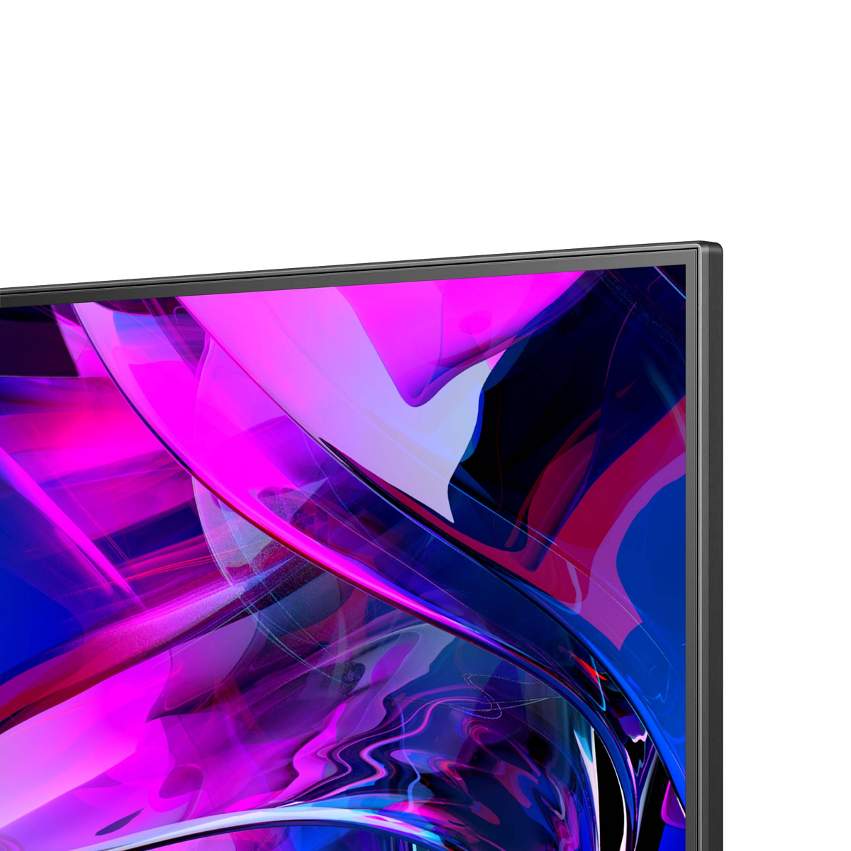 Zbliżenie telewizora, pokazujące żywy, abstrakcyjny obraz w kolorze różowym i niebieskim.