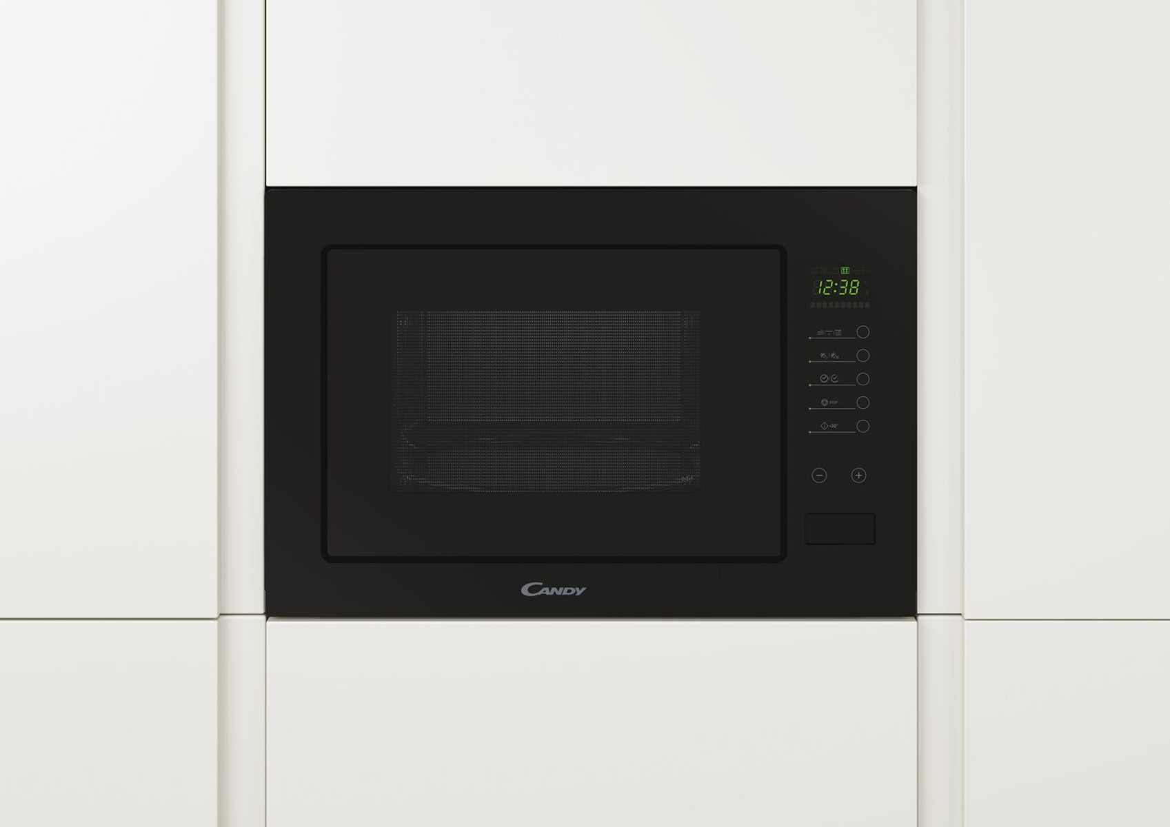 Un horno microondas negro empotrado en un armario blanco, con un reloj digital y un panel de control.